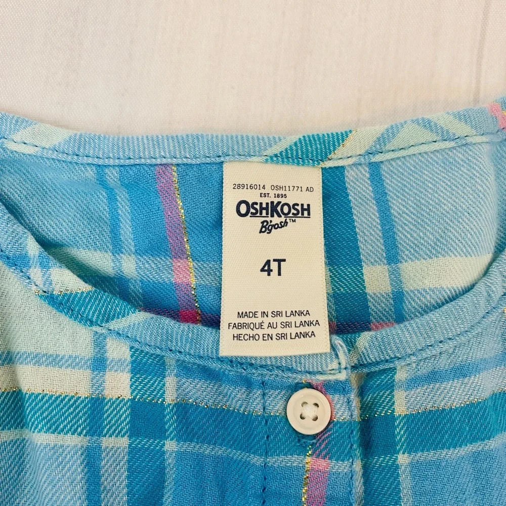 OshKosh Blue Plaid Top Kids Girls Size 4T Metallic Country Holiday Western
